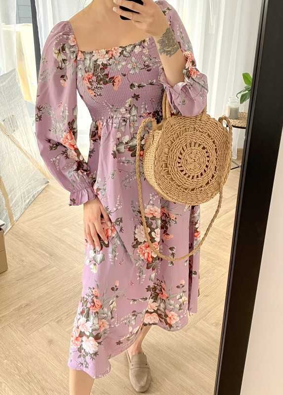 Liliowa sukienka w kwiaty S fioletowa boho wesele