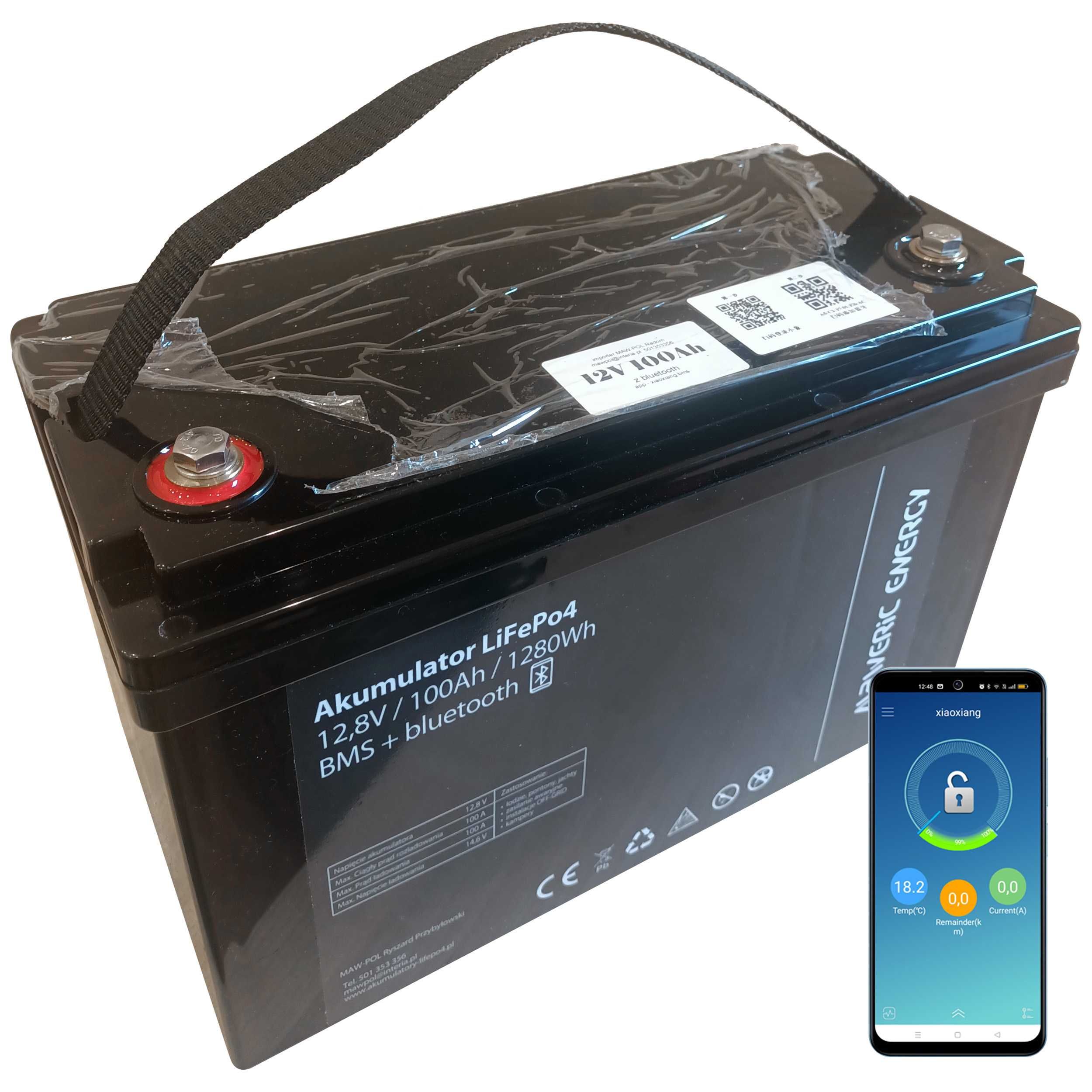 Akumulator LiFePO4 12V 100Ah z BMS Bluetooth balanser + ładowarka 15A