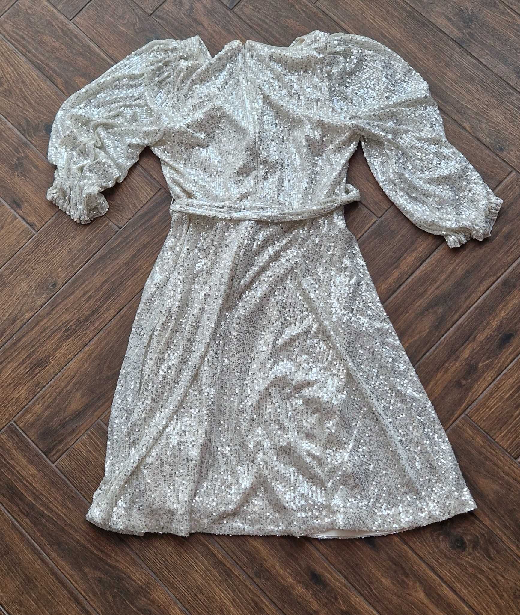 piękna błyszcząca sukienka złota cekiny wesele DKNY 40 42 xl 400,-