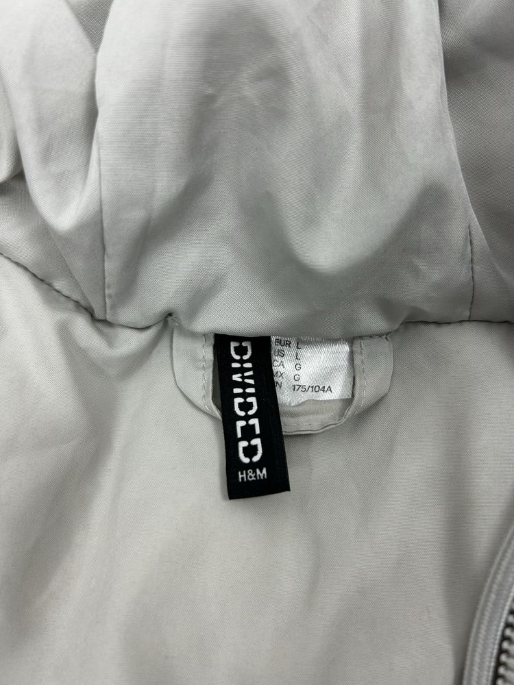 Kurtka ocieplana zimowa H&M L oversize szara jasna puffer z kapturem