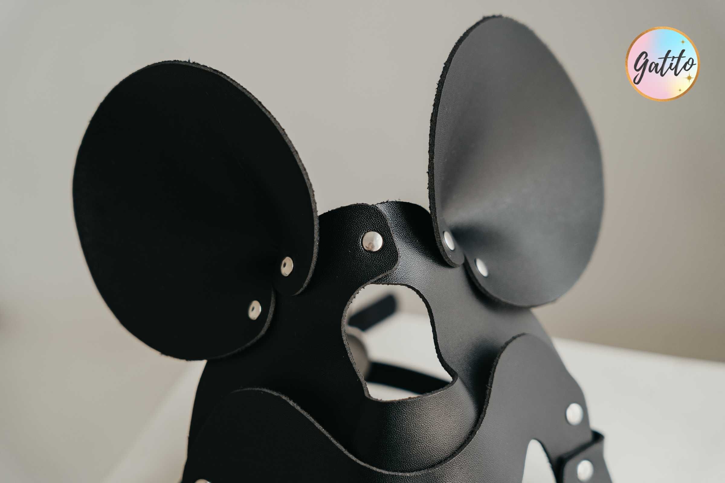 Skórzana czarna seks maska myszki + obroża z dzwoneczkiem zestaw SMART