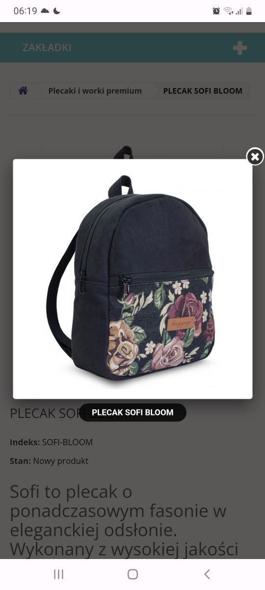 Nowy plecak marki Baggage model Sofi Bloom czarny kwiaty