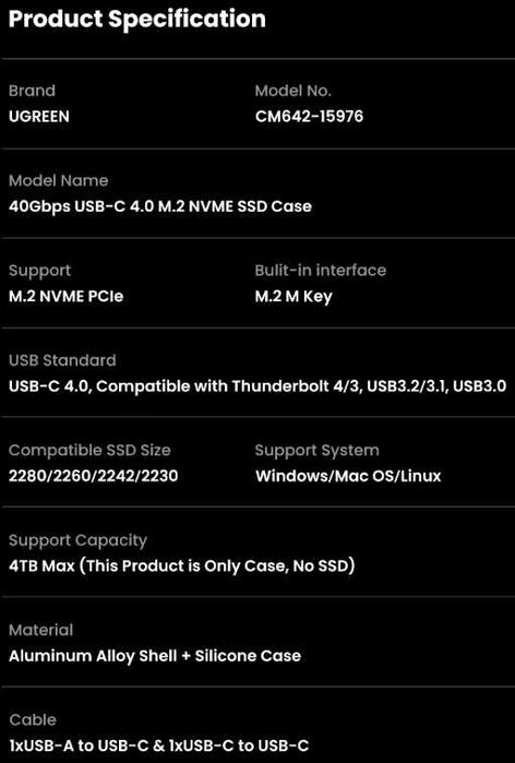 Зовнішня кишеня UGREEN 40Gbps M.2 NVMe SSD to USB4 / SSD Case / карман