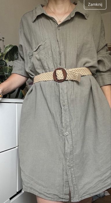 Sukienka tunika koszula len lniana H&M XXL KHAKI
