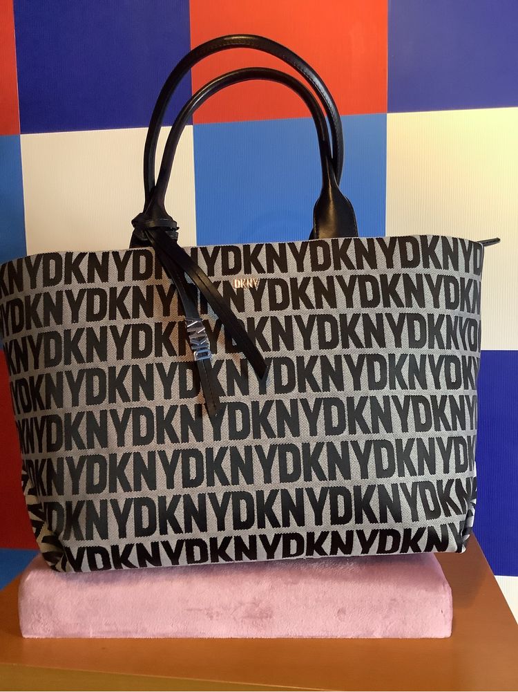 DKNY duży shopper, szaro-czarny, logowany,