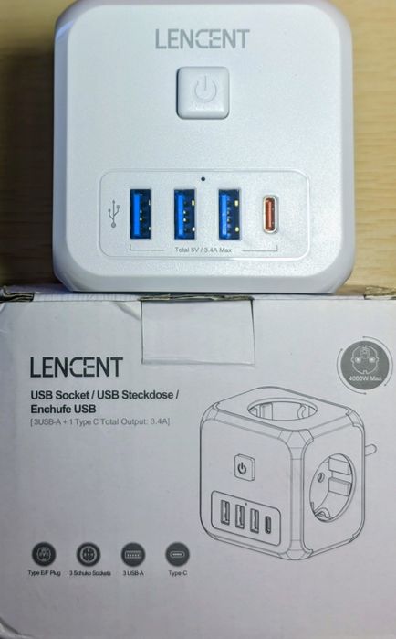 Трійник для розетки з 3*USB та 1*Type-C