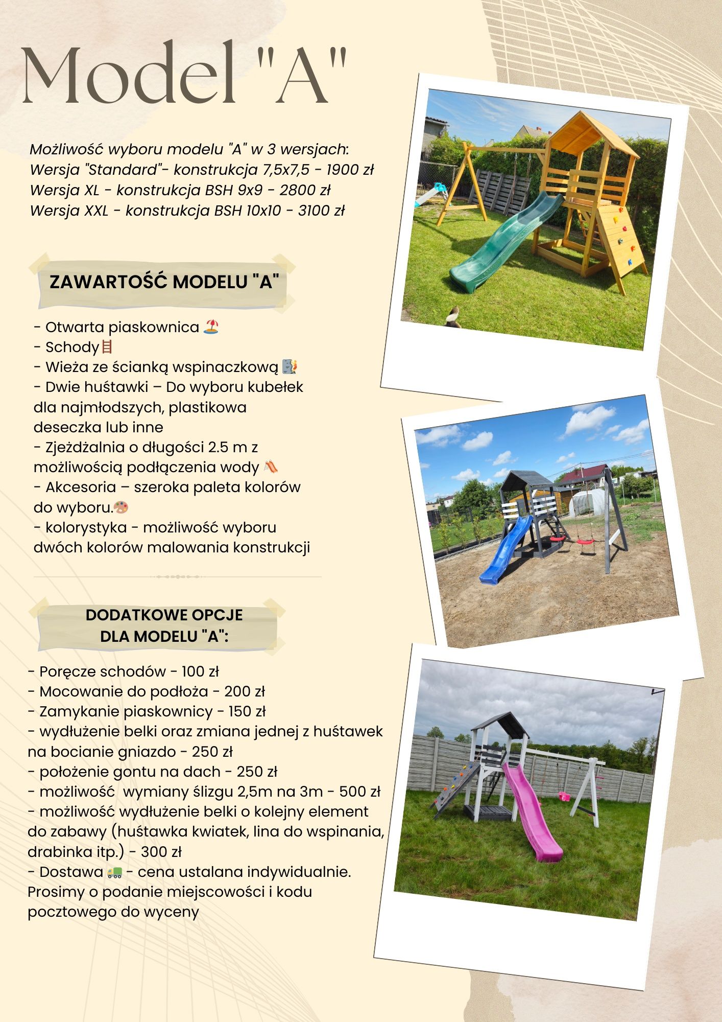 Plac zabaw model "A" - Domek - Zjeżdżalnia - Huśtawka