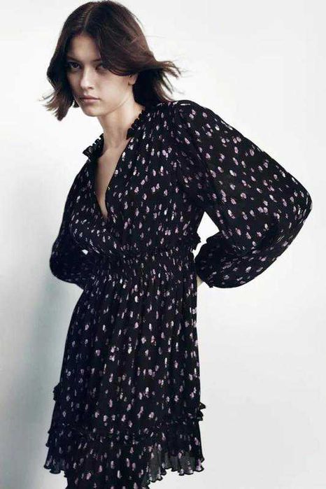 Красивое цветочное платье плиссе ZARA осень M