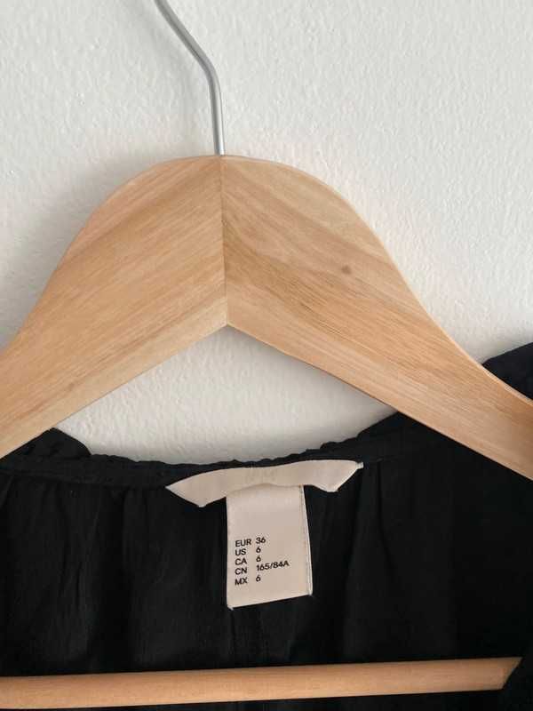 czarna bluzka H&M dekolt V wiązany luźna 36 S gładka z długim rękawem