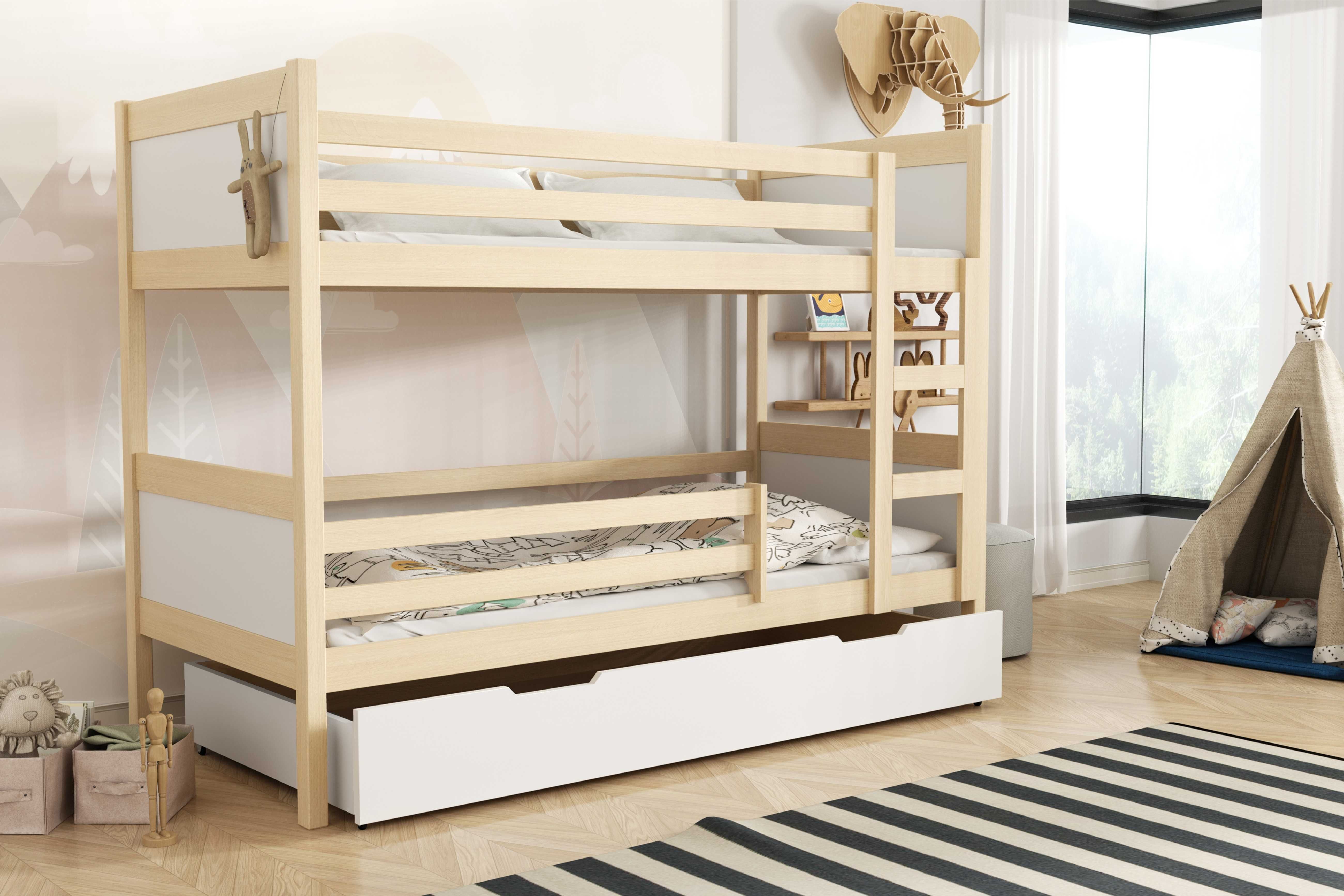 Piętrowe łóżko LEON z drewna sosnowego + szuflada na pościel