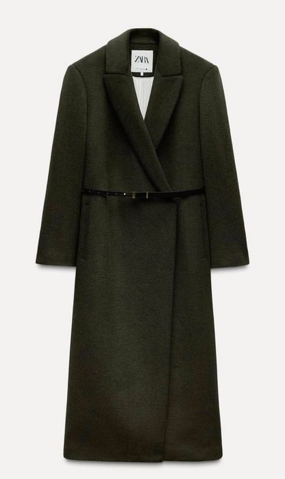 Kopertówka płaszcz wełniany z paskiem Zara khaki r. XS S wełna