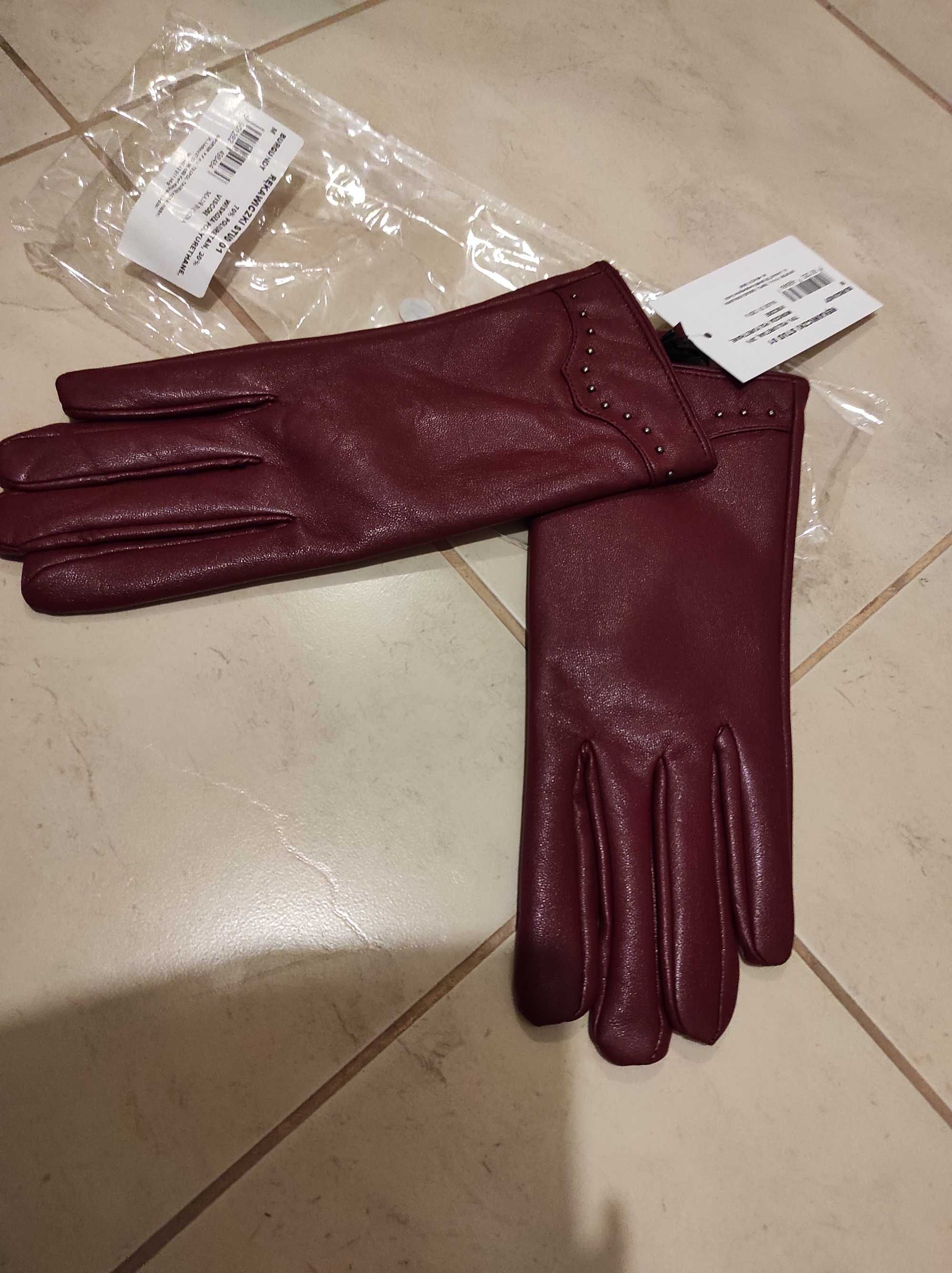 Nowe bordowe rękawiczki damskie rozmiar M