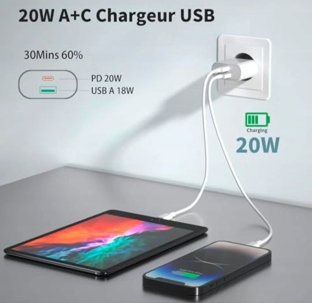 Anlikool Szybka ładowarka sieciowa 20W USB-A USB-C plus dwa kable