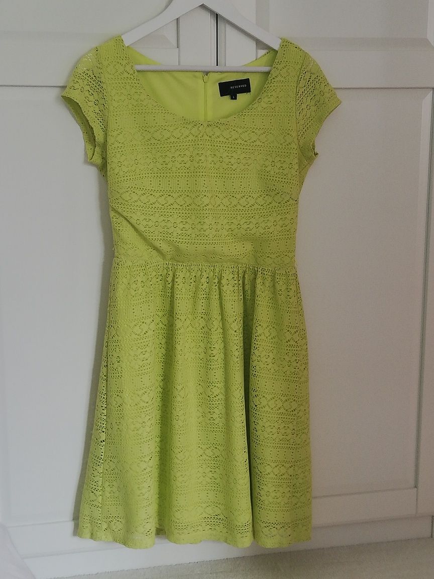 Sukienka Reserved retro boho lemonkowa-cytrynowa bawełna koronka r. L