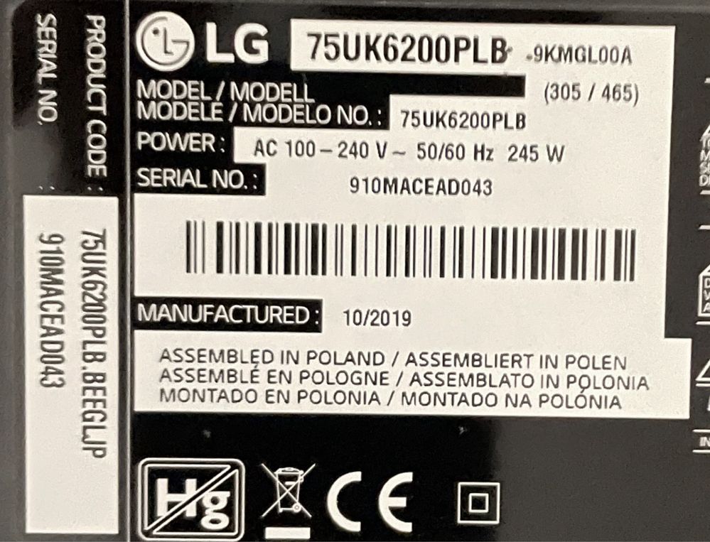 TV Telewizor LG 75UK6200PLB na części.