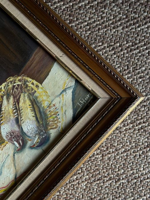 Quadro pintura óleo assinada lebres e perdizes