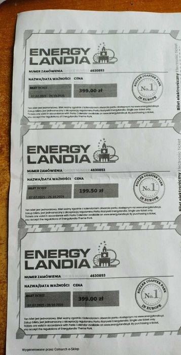 Cztery dwudniowe bilety Energylandia w tym jeden ulgowy