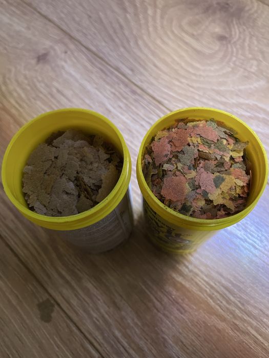 Dwie pudełka pokarmu dla ryb tropical.