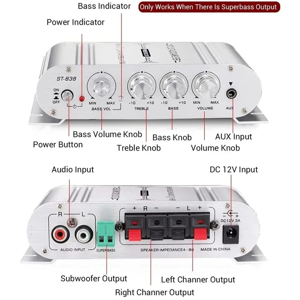 Усилитель мощности + сабвуфер. ST-838.  AUX, 2*20+40W, RMS. Аудио,  БП