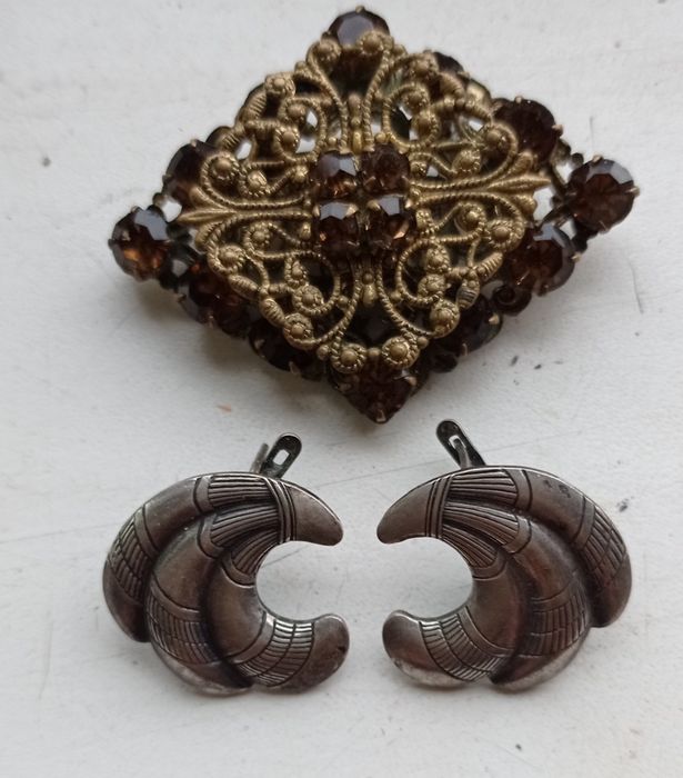 Брошь с  инкрустацией металлом и серьги  оригинальные