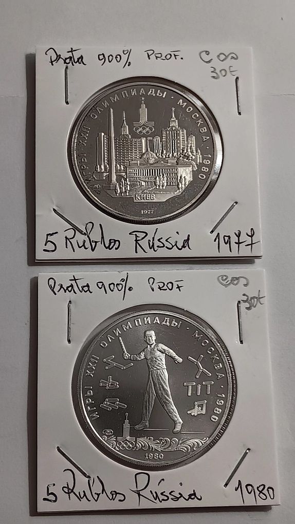 2 moedas prata prof da Rússia de 5 rublos