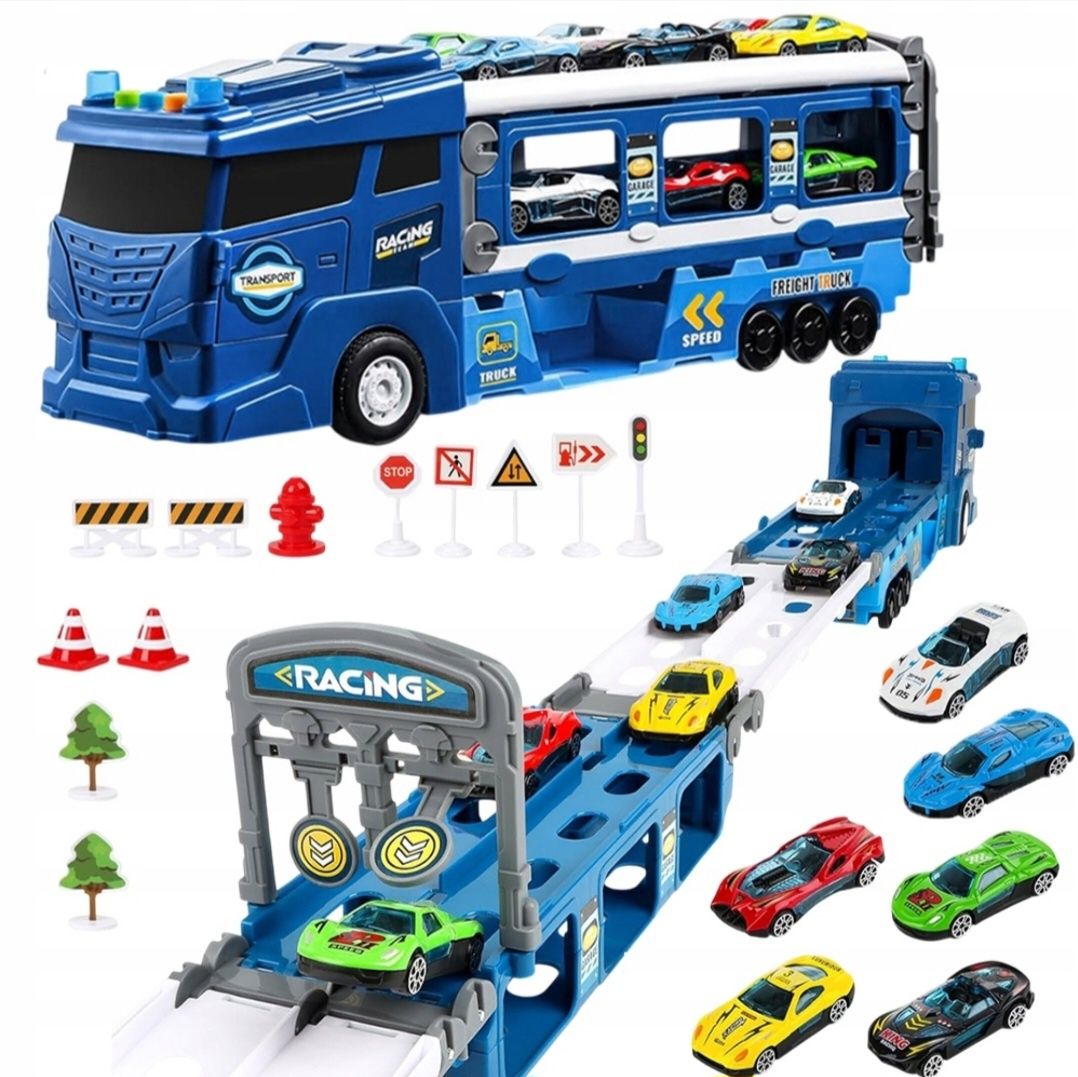 Ciężarówka-transporter autek z torem