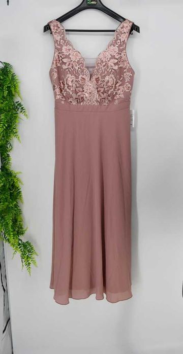 Zwiewna sukienka wizytowa pudrowy róż koronka Bonprix 42 długa