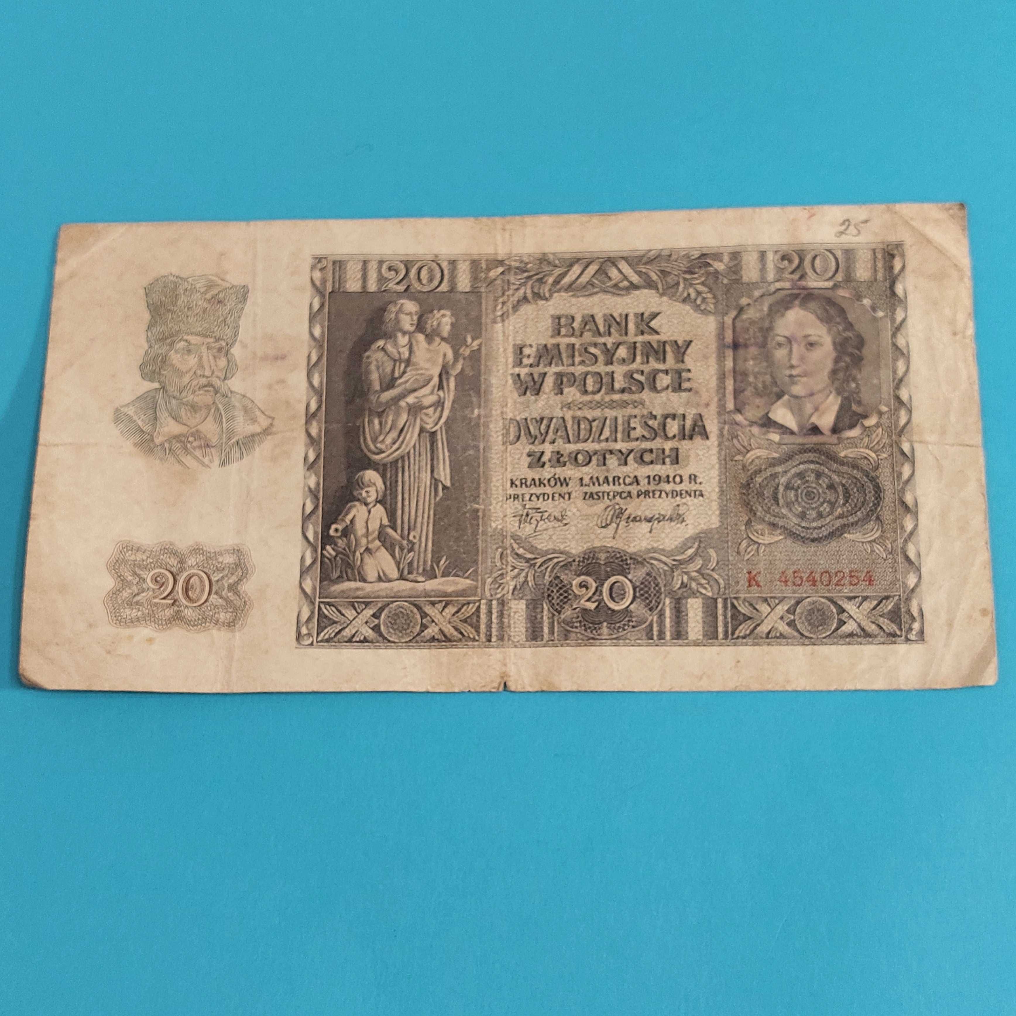Банкнота,  бона, бон, 20 злотых, zlotych 1940