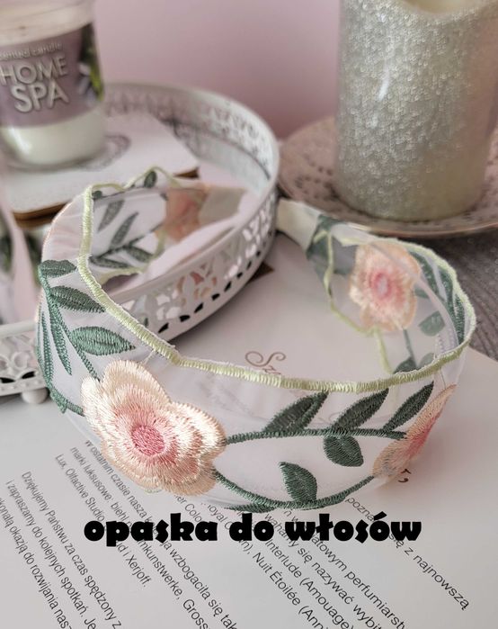 Opaska do włosów kwiat róża haft vintage NOWA