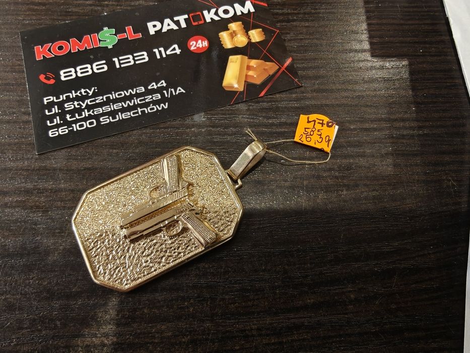 Złota zawieszka 585 waga 25.3gr..Pistolety .. jak nowa.. PAT-KOM