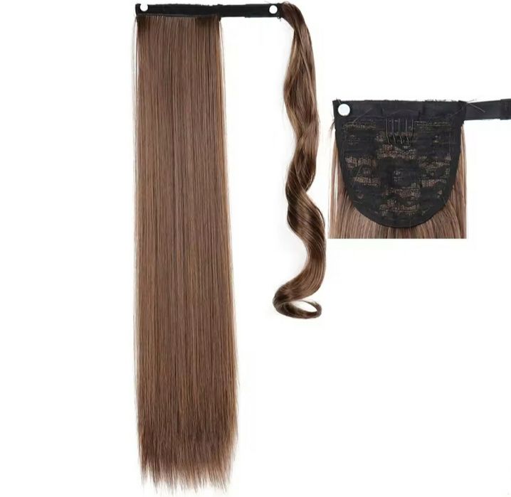 Хвіст темно-русий з рудинкою 55см /штучне пряме волосся/шиньйон