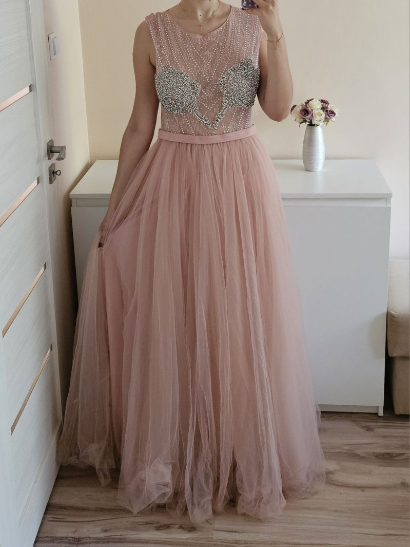 Sukienka maxi tiulowa księżniczka coast 42 XL pudrowy róż cyrkonie