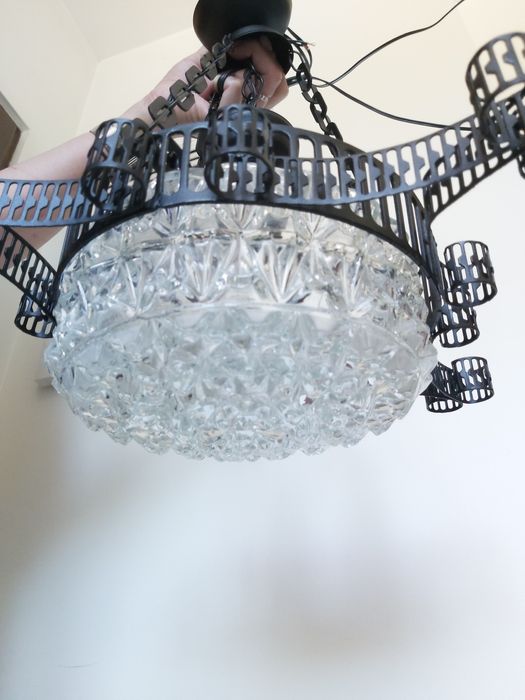 Lampa żyrandol  kryształ loft PRL stalowa czarna SUPER