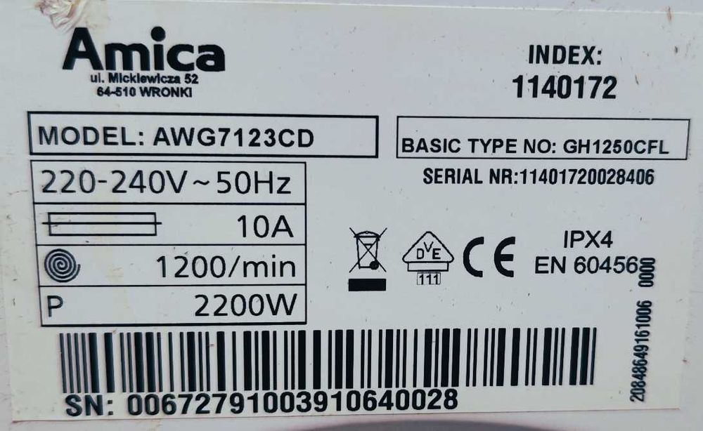 Pralka Amica AWG7123CD nowe łożyska stan bdb 7kg 1200obr.