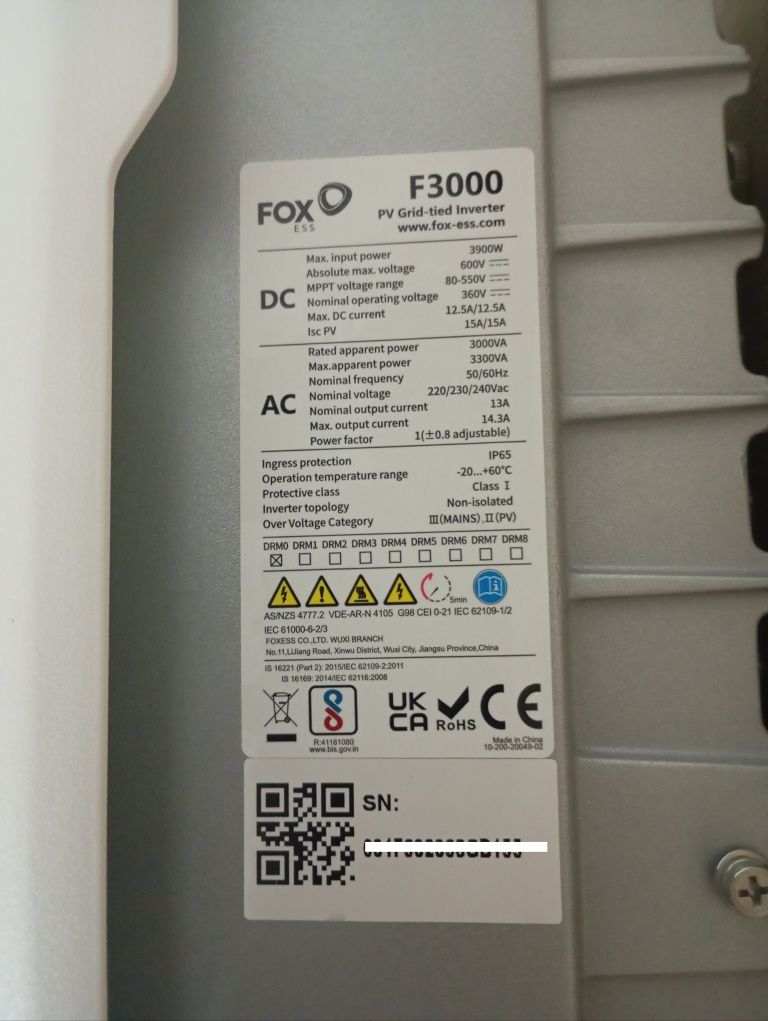 (COMO NOVO) Inversor Solar Fox-Ess F3000 3Kw + Oferta Suporte Parede