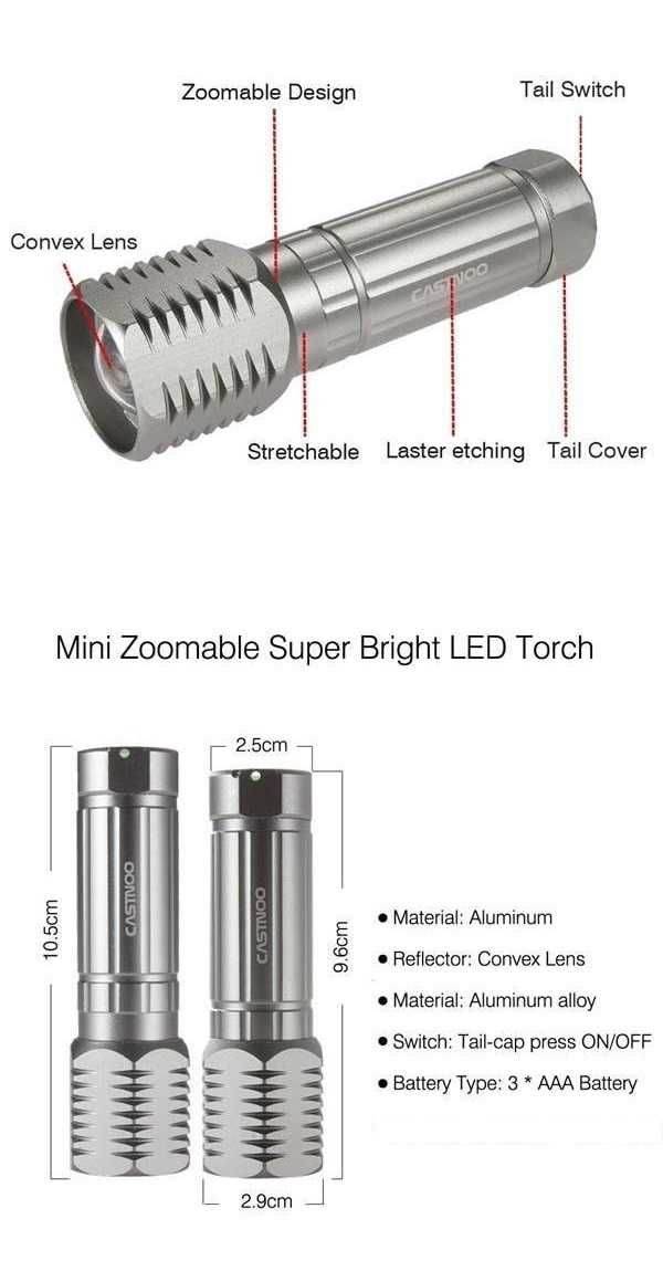 Latarka Lampka Taktyczna Soczewkowa Aluminiowa Zoom 3xAAA