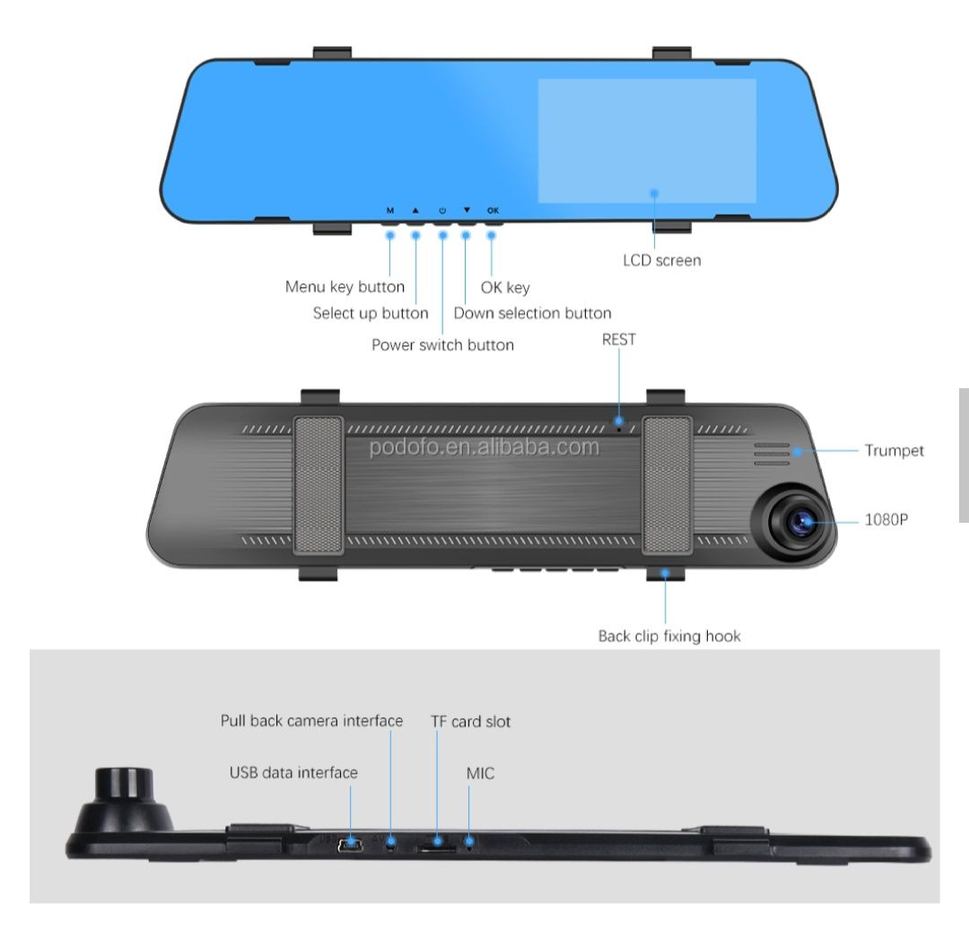 Câmara dash cam espelho retrovisor dupla gravação frontal e traseira