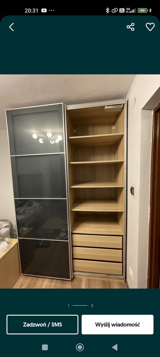 Szafa IKEA Pax, lustro, drzwi przesuwne, swiatło, 150 x 60 x  235 cm