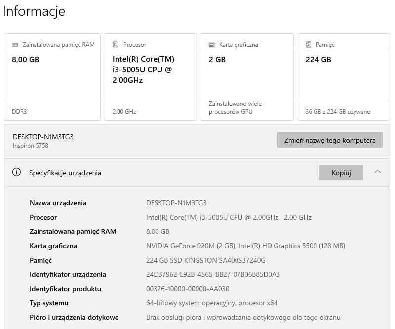 Laptop Dell Inspiron 5758 Intel i3 / 8GB/224GB SSD / Win10 Home