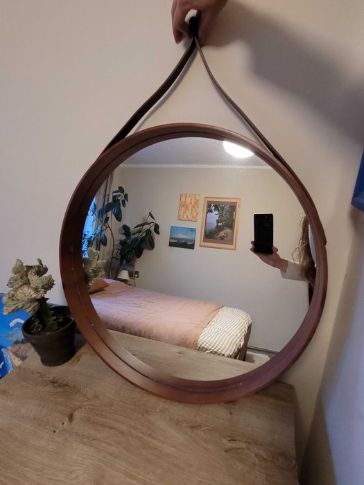Lustro okrągłe 60 cm drewniana rama na pasku