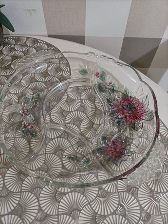 Piękny duży talerz kryształ kwiaty PRL
