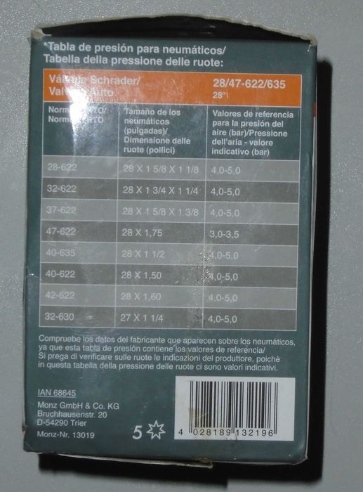 Câmara ar bicicleta válvula Schrader med: 28/47-622/635 pack 2. NOVO