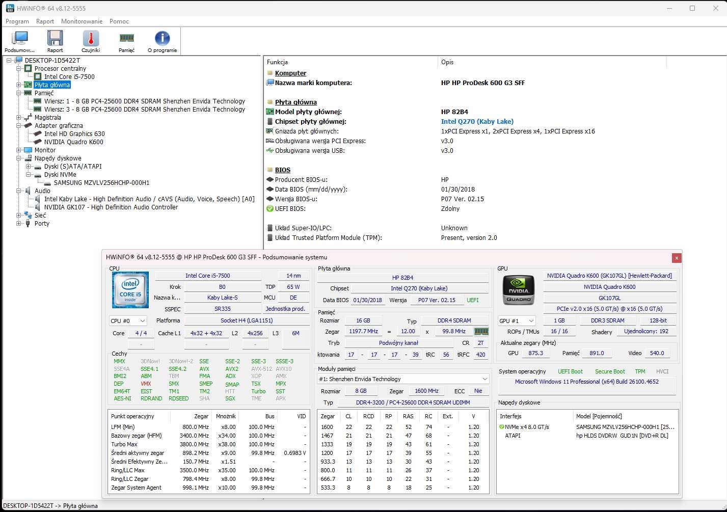 HP ProDesk 600 G3 SFF/SSD NVMe 256GB/i5-7500/DDR4 16GB/Win11