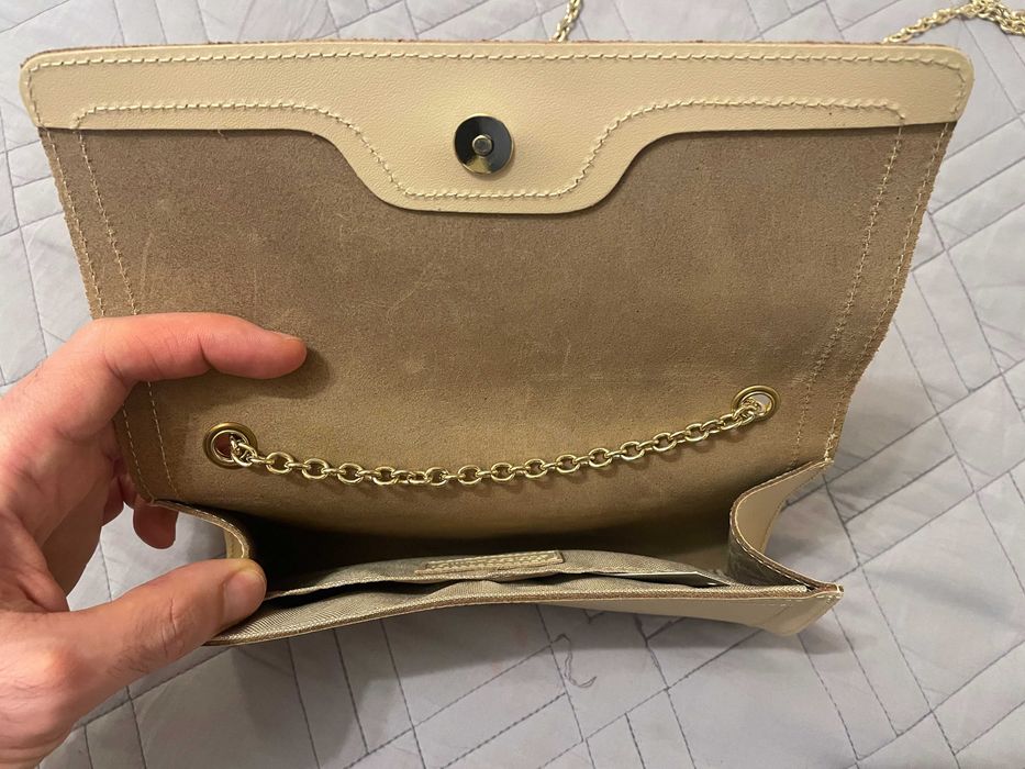 Torebka Batycki Oryginalna Skórzana Beżowa Złoty Łańcuch