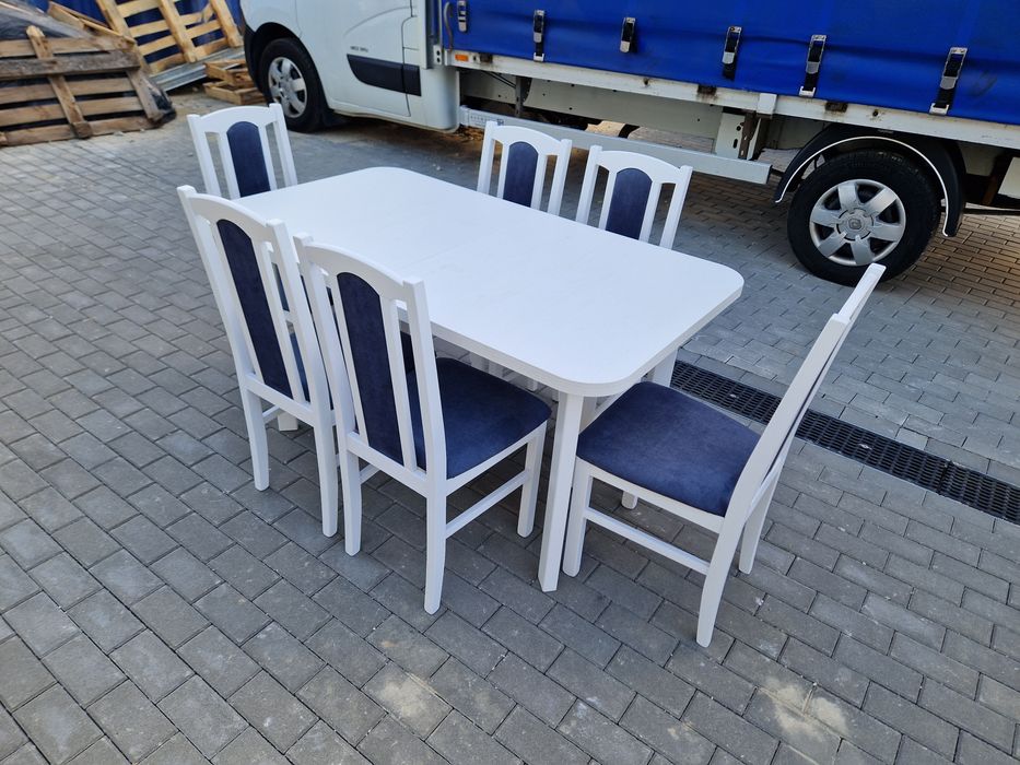 Nowe: Stół rozkładany + 6 krzeseł, biały + metaliczny granatowy