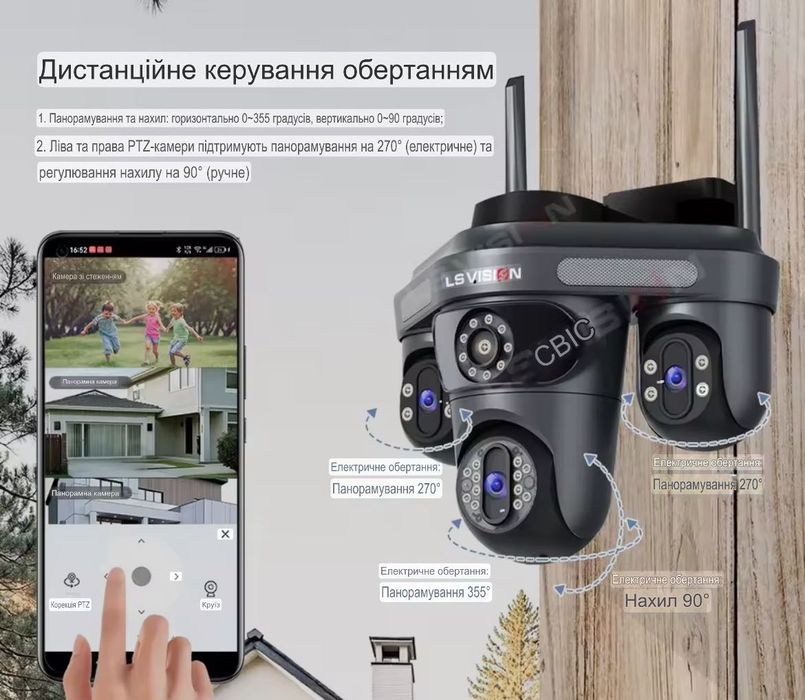 Wi-Fi IP камера видеонаблюдения 15МП 6K с тремя объективами, O-Kam Pro