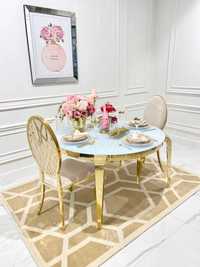 Stół glamour złoty, okrągły z białym szklanym blatem, stalowy,  ELITE