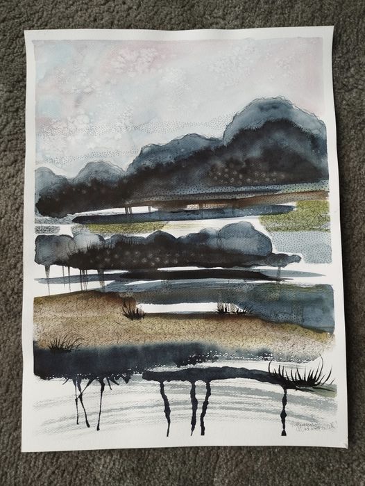 "Pejzaż jesieni" zestaw 3 akwareli o dużym formacie 30×40 cm. Unikat