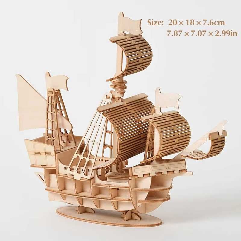 Drewniane puzzle 3D figurka statek, żaglowiec, łódka