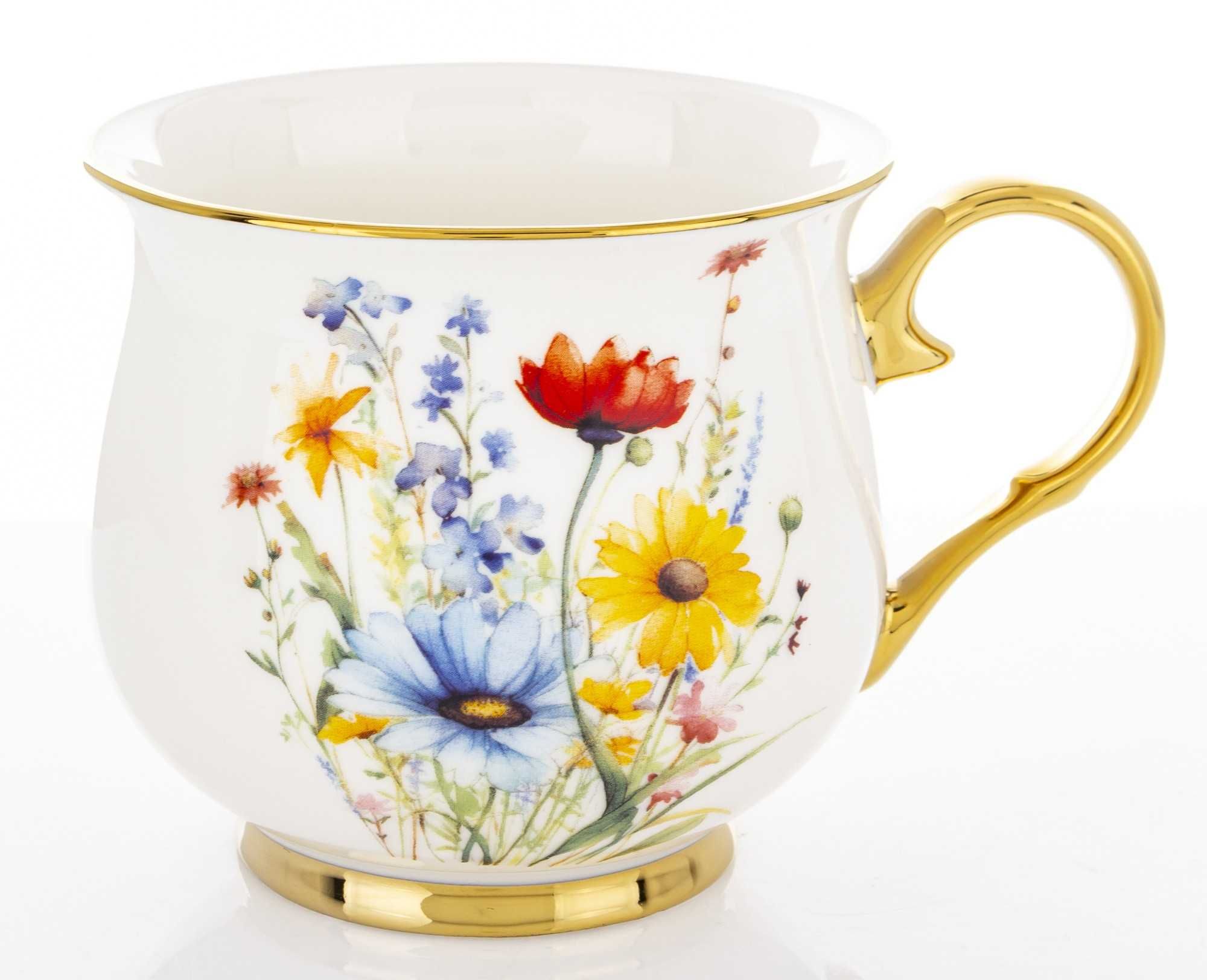 Kubek Porcelanowy Filiżanka do Kawy Herbaty 450 ml Biały Kwiaty Złoty